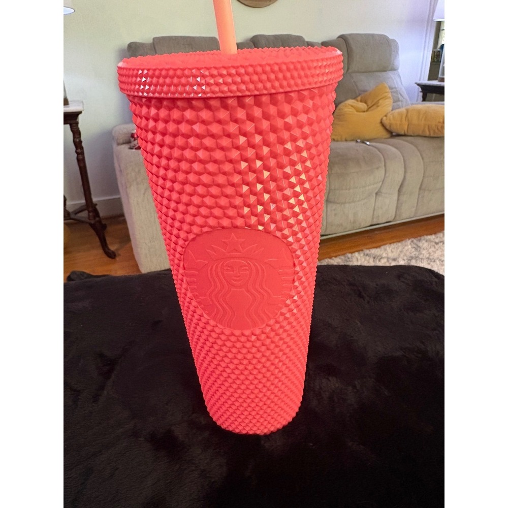 Starbucks Studded Cold Cup Tumbler Venti 24oz Neon Coral Guava Pink Matte Grid